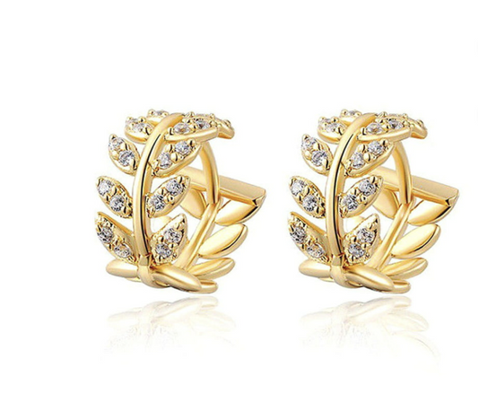 14K Gold Leaf & Cubic Zirconia Hoop Earrings