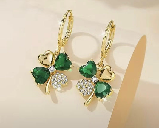 18K Gold 4-Leaf Clover Dangle Earrings with Faux Emeralds & Cubic Zirconias
