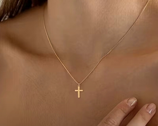 18K Gold Chain Necklace with Solid Small Cross Pendant  (17" chain & 2" extension)
